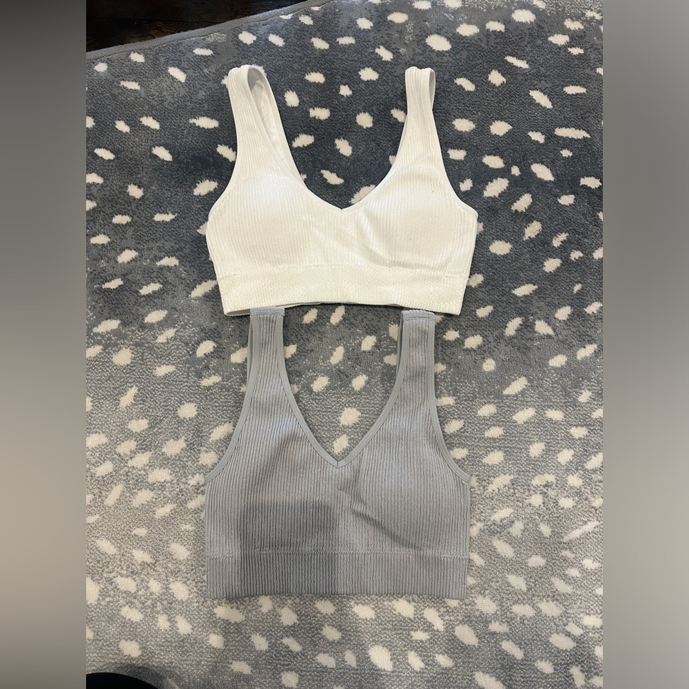 Ribbed V-Neck Bralette Duo — White & Gray